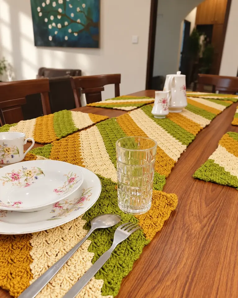 Crochet dining set — Olive & mustard