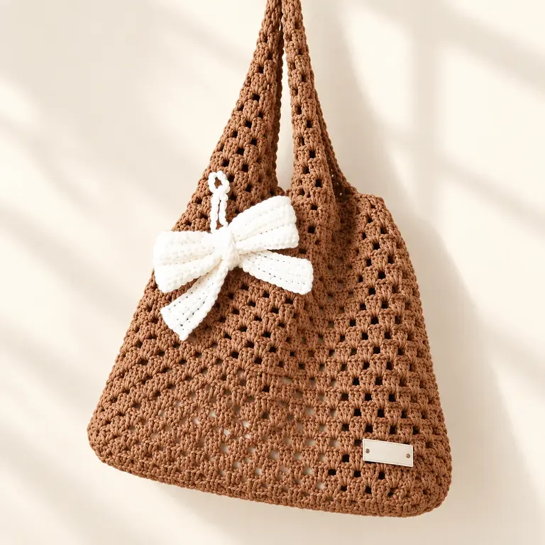 Bow shoulder tote — Mocha & cream